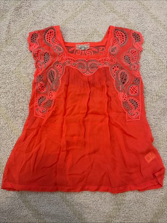 Tops - iSato Neon Coral Embroidered Mesh Blouse Paisley Sheer Top Size Small